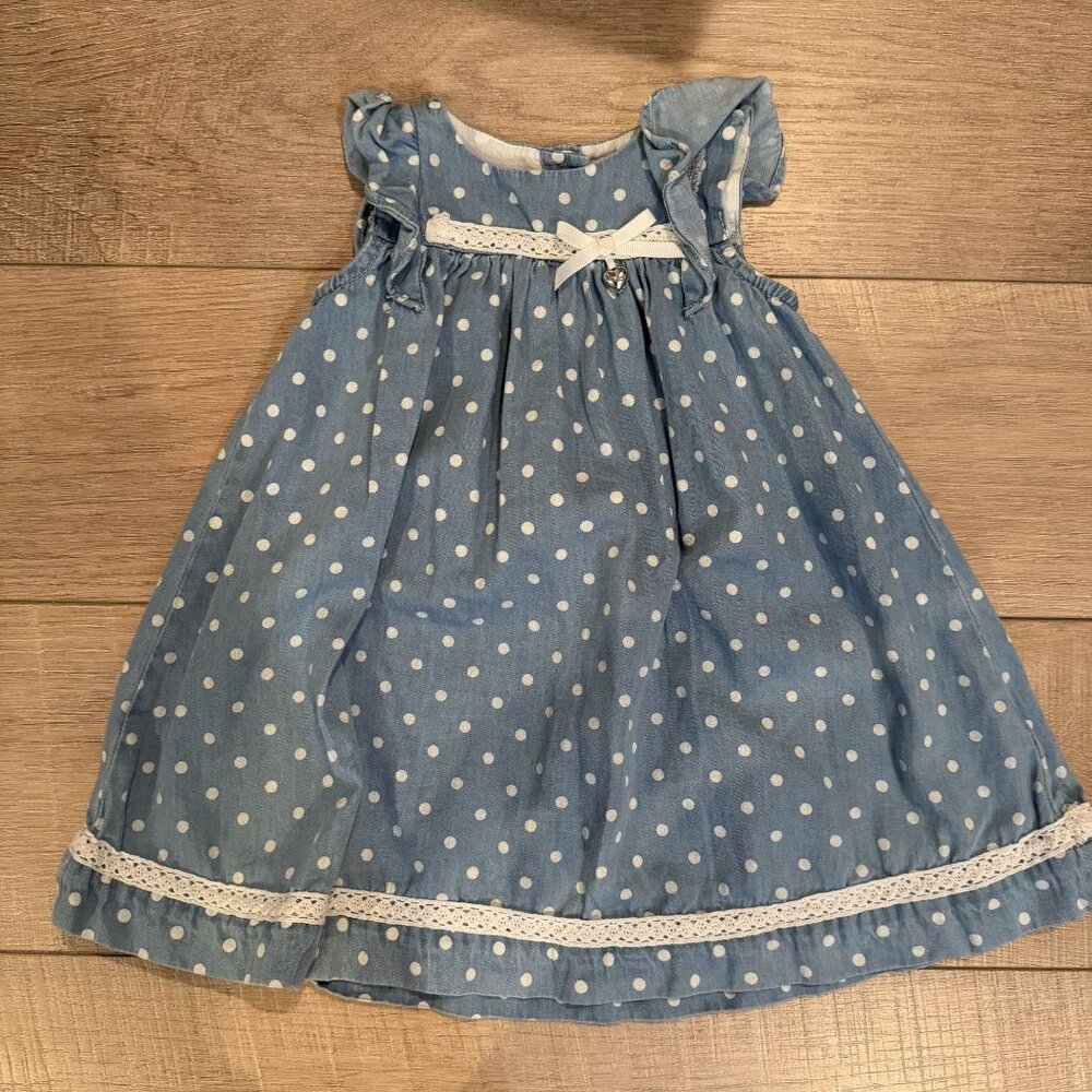JILLIANS CLOSET GIRLS DENIM COLOR BLUE WHITE POLKA DOT DRESS 12 MONTHS